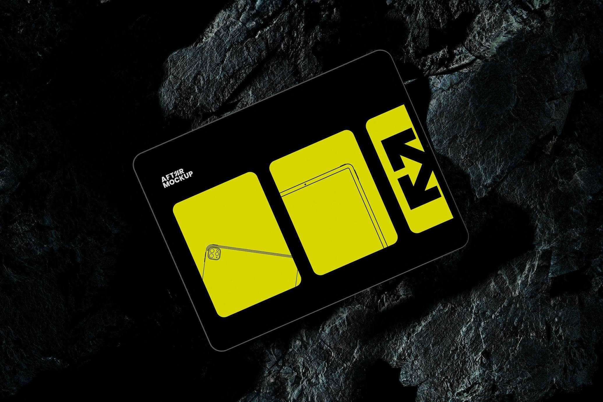 Free Dark Theme iPad On Rock Mockup PSD PSD