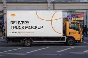 Free Delivery Cargo Truck Mockup PSD