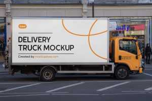 Free Delivery Cargo Truck Mockup PSD
