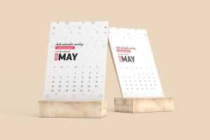 Free Desk Calendar Mockup With Wood Stand