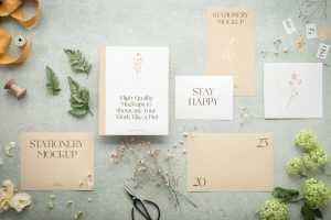 Free Different Size Paper Card Mockup Set Top view for Save the Date Shoot
