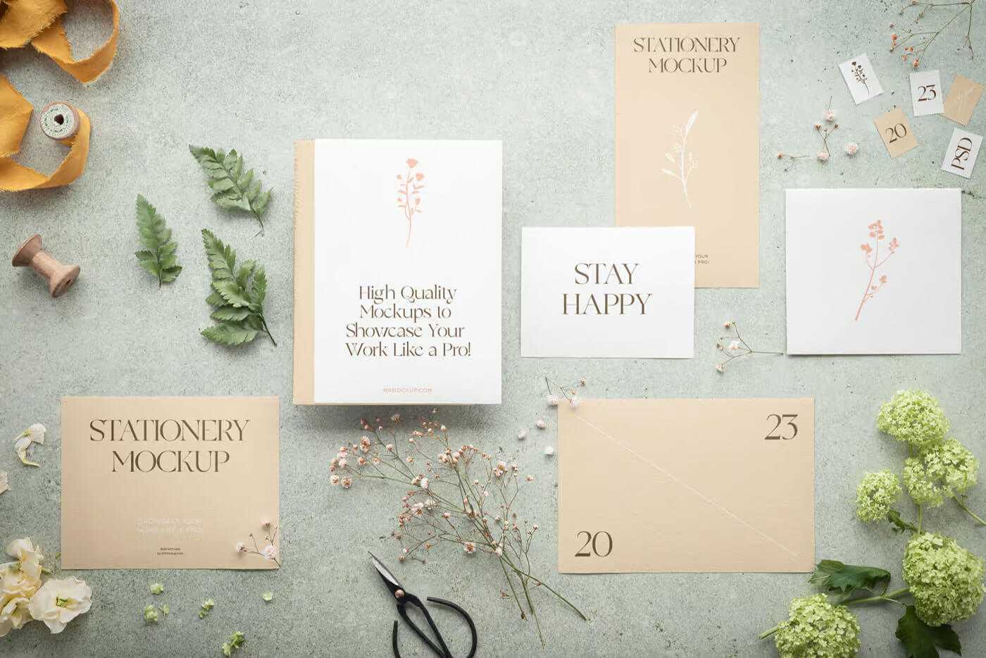 Free Different Size Paper Card Mockup Set Top view for Save the Date Shoot