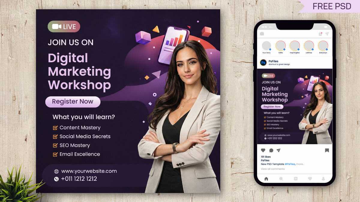 Free Digital Marketing Workshop Poster PSD Template – Social Media Event Design Download
