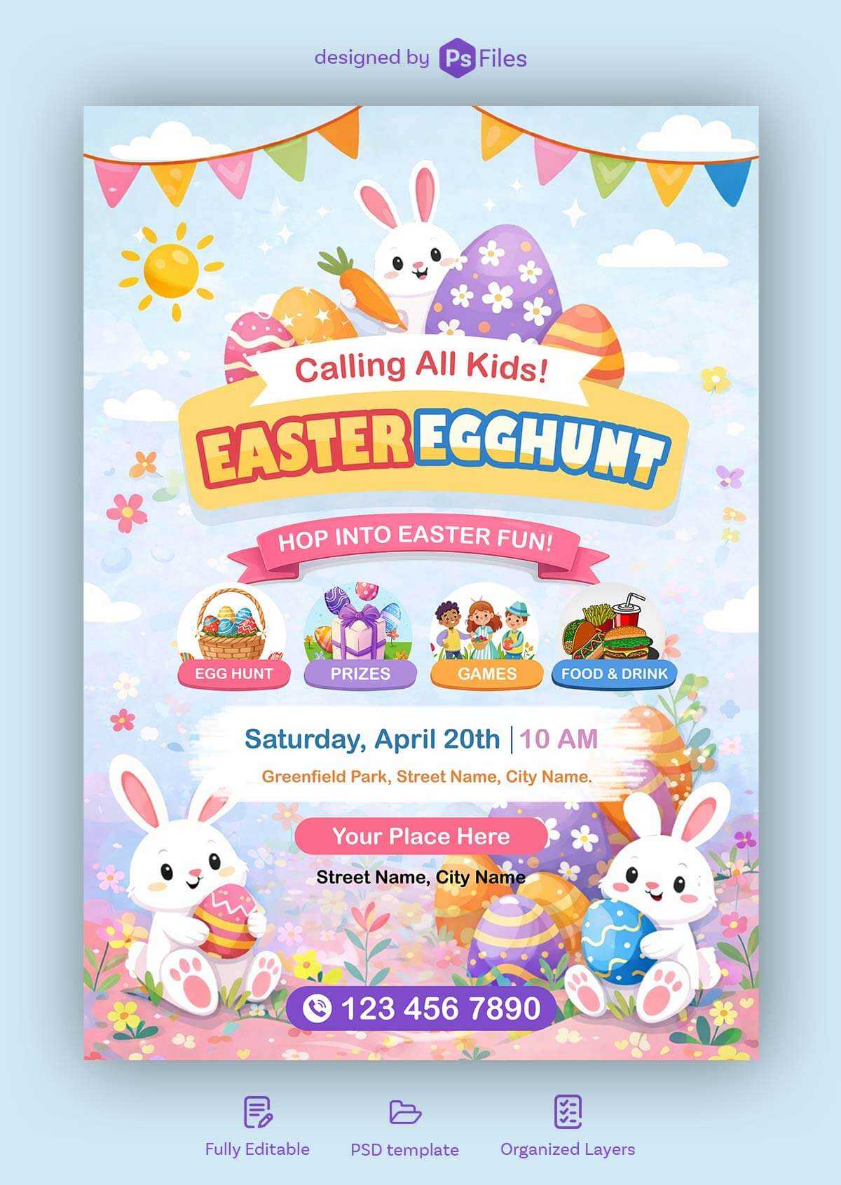 Free Easter Egg Hunt Party A4 Flyer Design PSD Template – Kids Easter Event Poster
