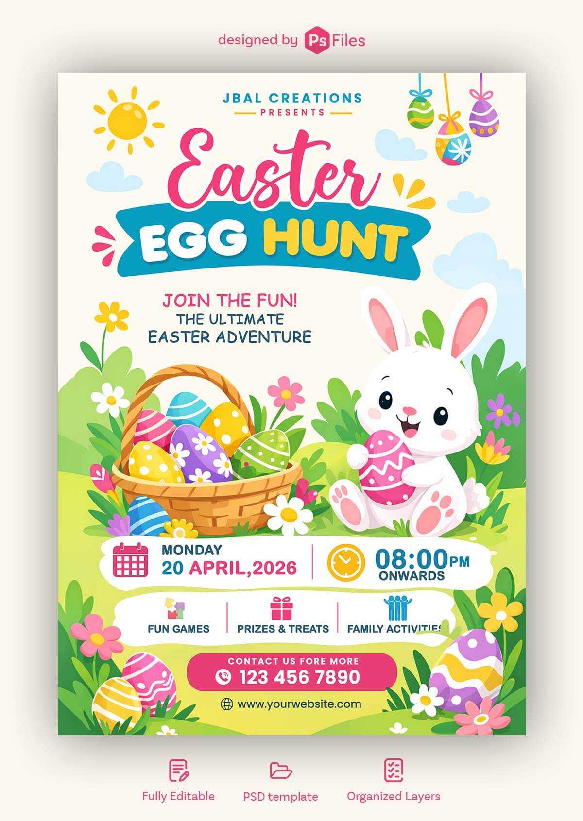 Free Easter Egg Hunt Party A4 Flyer Design PSD Template – Kids Easter Event Poster
