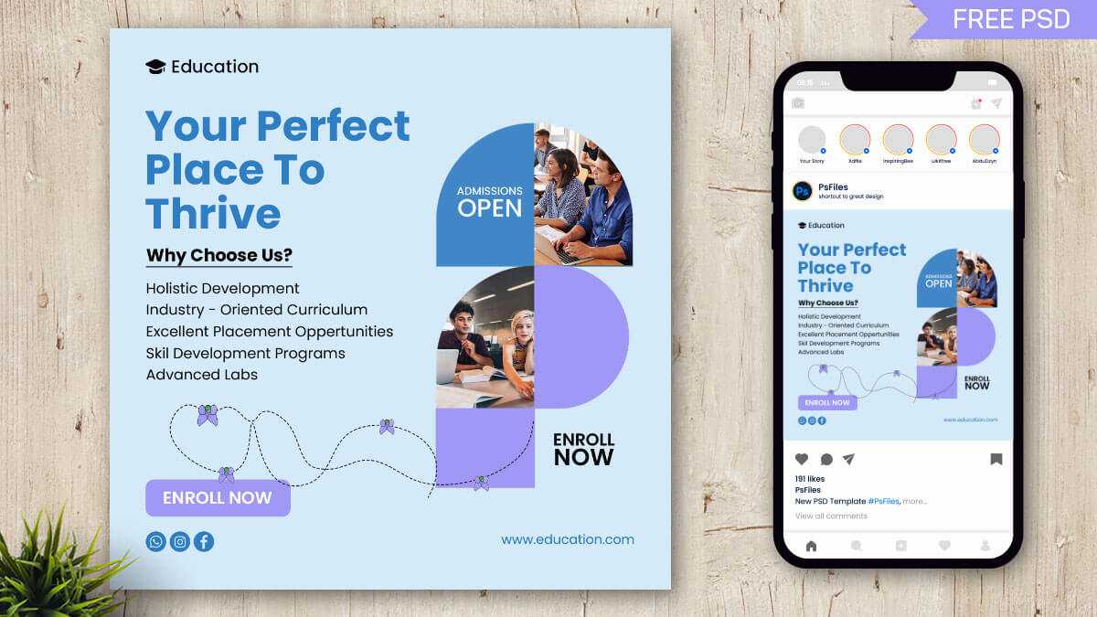 Free Education Admission Social Media Post PSD Template