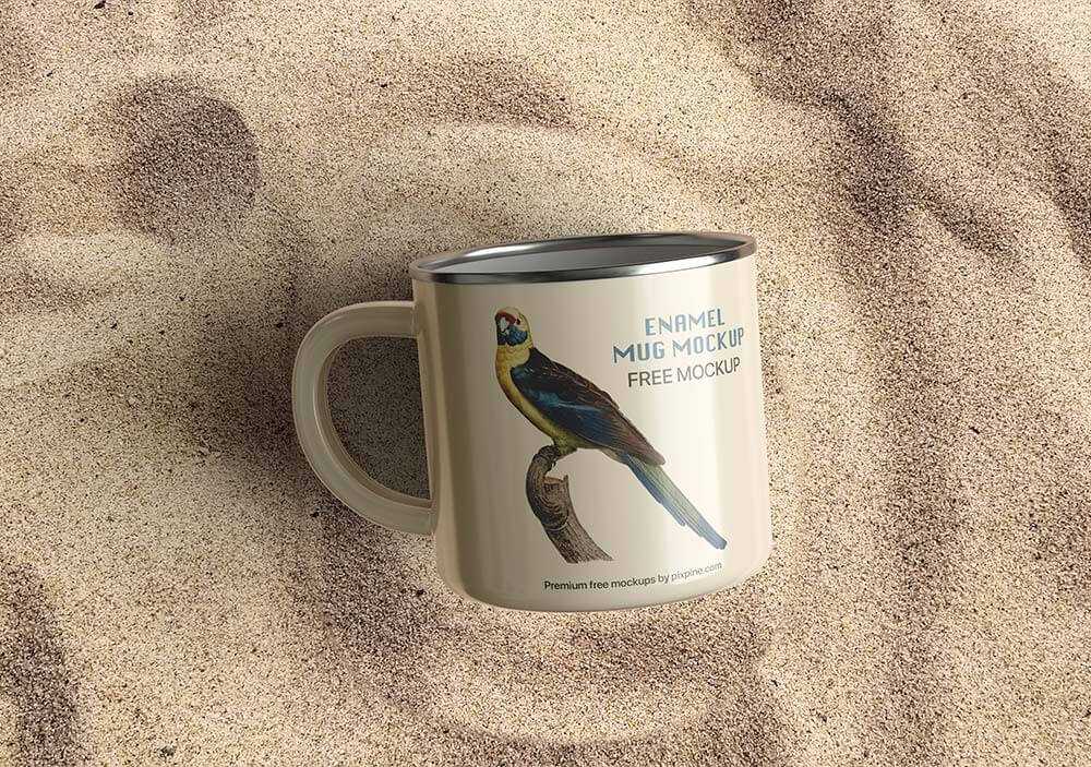Free Enamel Mug Mockup on Sand