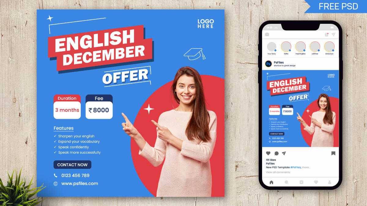 Free English Learning Course Offer Poster Design PSD Template