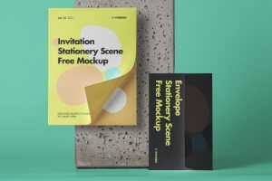 Free Envelope Cover and Paper Mockup Concrete Background