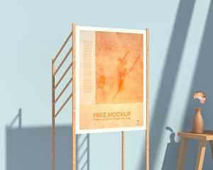 Free Exhibition Poster Mockup in Wooden Stand
