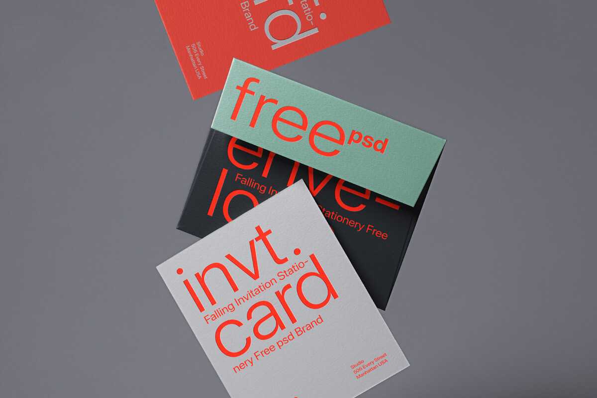 Free Falling Invitation Card and Envelope Cover Mockup PSD