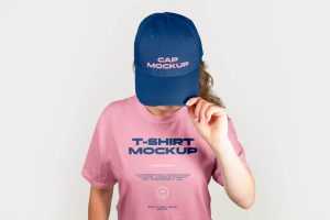 Free Female T-Shirt Mockup and Snapback Hat Mockup PSD