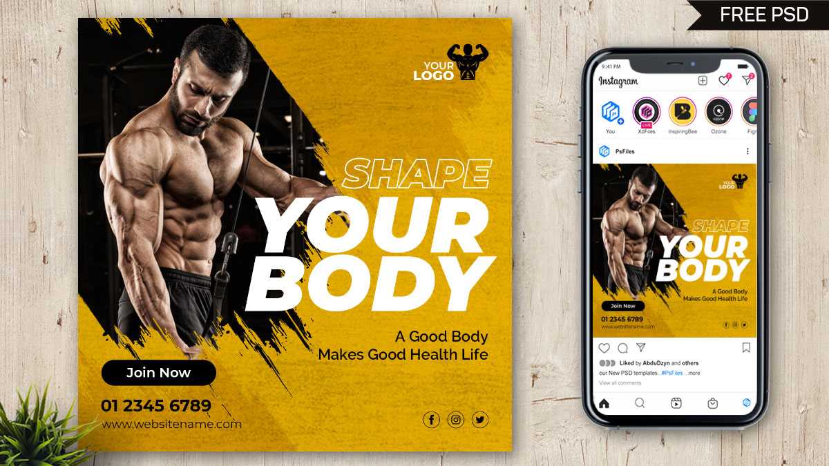 Free Fitness Gym Centre Social Media Post PSD Template 06