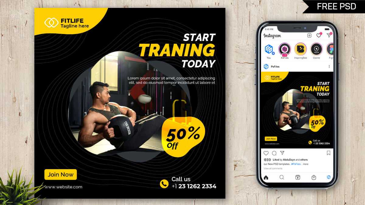 Free Fitness Gym Training Social Media Post PSD Template