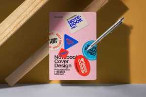 Free Floating Notebook Cover Mockup with Stick Roller Pen - Free PSD MOCKUPS | PsFiles
