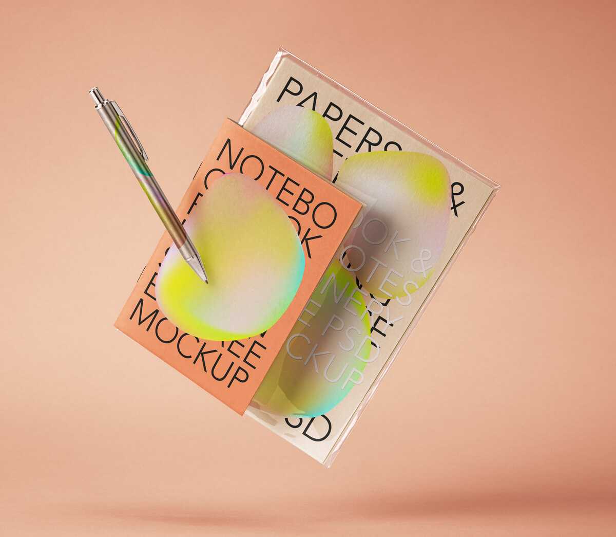 Free Floating Style Paper Notes Notebook Mockup PSD