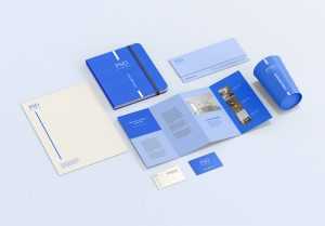 Free Four Fold Flyer with Business Stationery Mockup PSD set