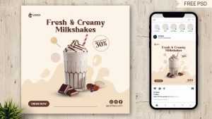 Free Fresh And Creamy Milkshakes Instagram Post PSD Template