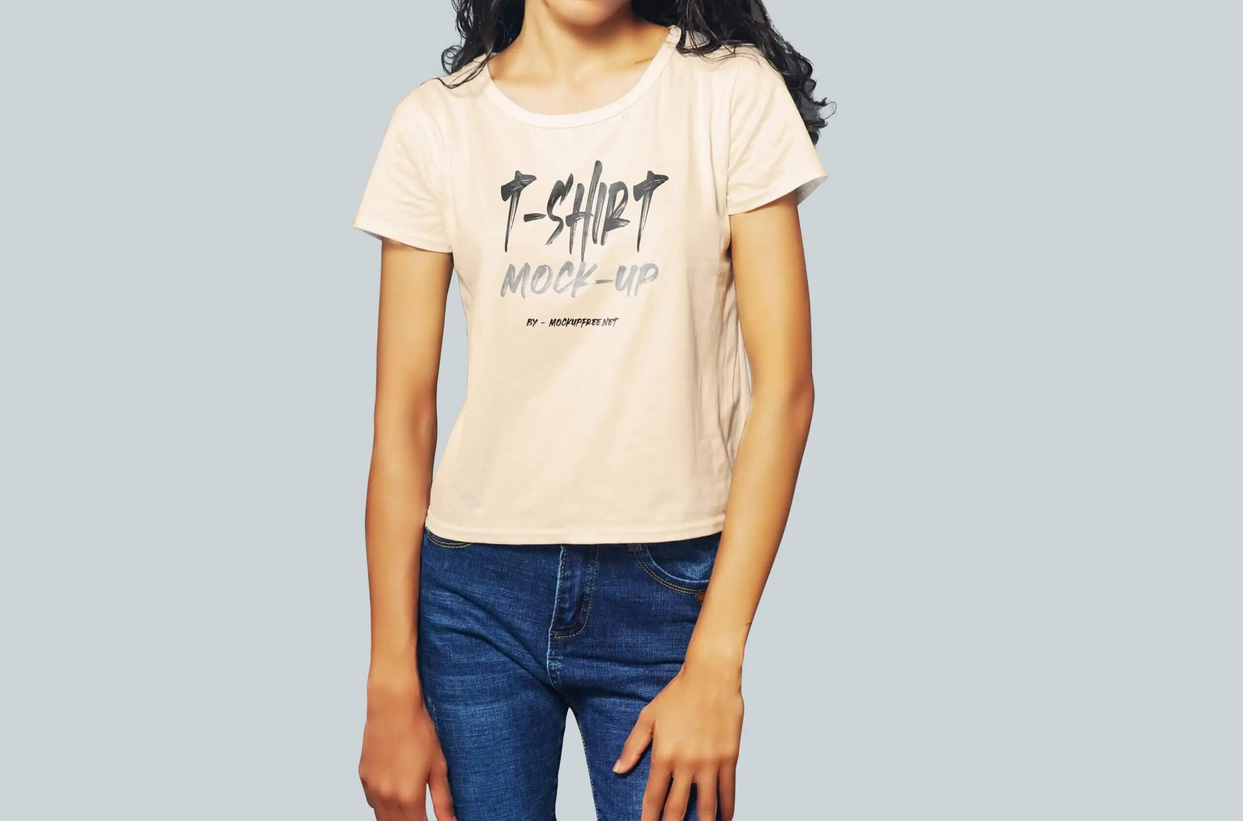 Free Front View of Girl Wearing T Shirt Mockup PSD