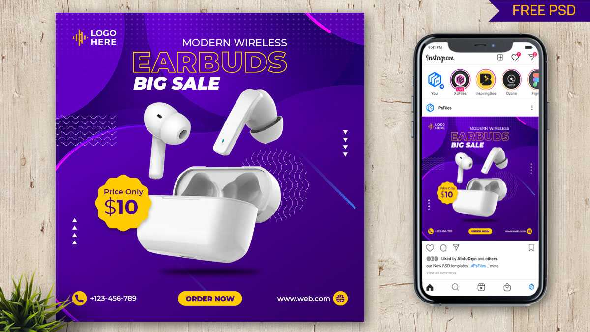 Free Gadgets Earbuds Social Media Post Design PSD Template