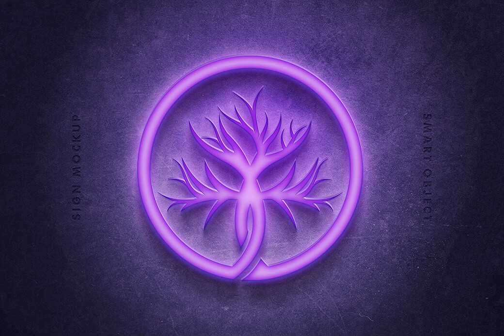 Free Glowing Violet Neon Sign Logo Mockup PSD