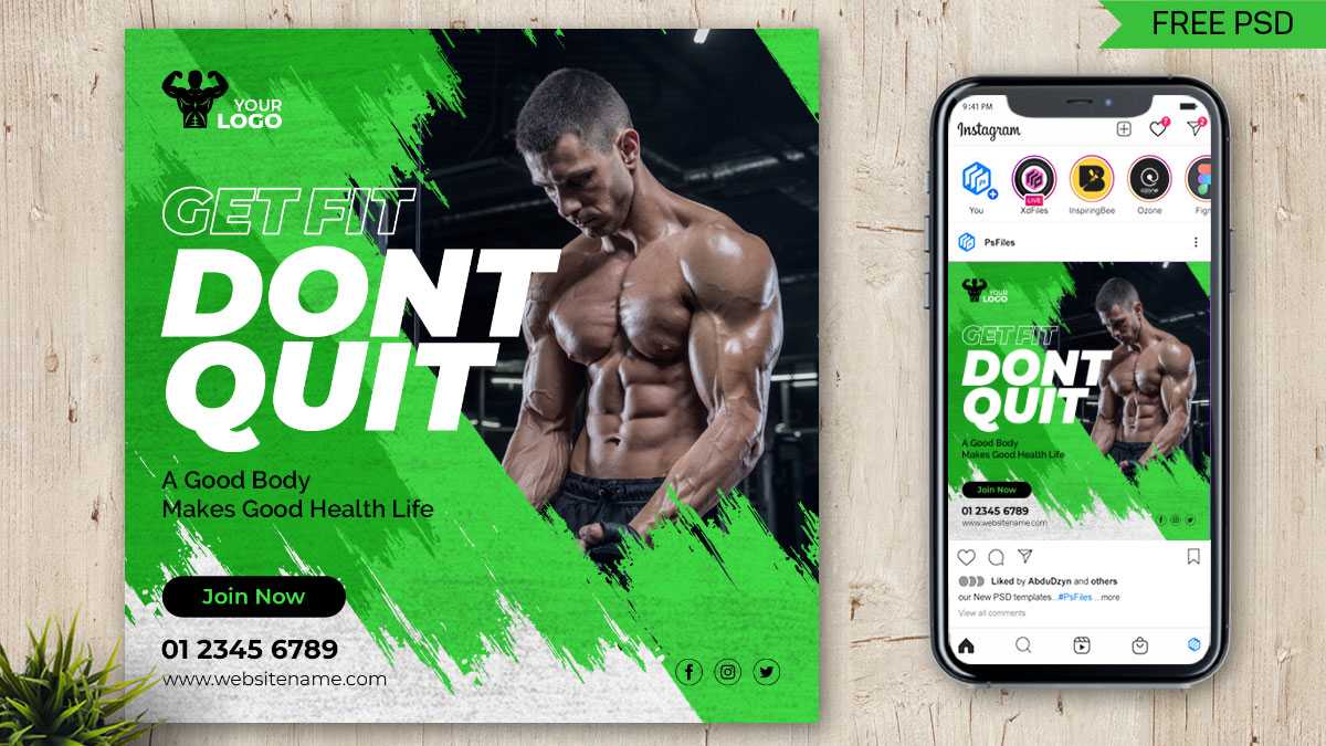 Free Gym Fitness Centre Social Media Post PSD Template 05