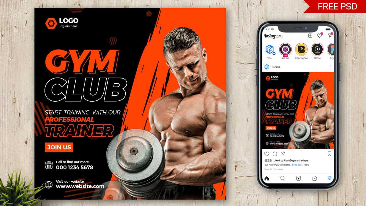Free Gym Fitness Club Social Media Post Design PSD Template