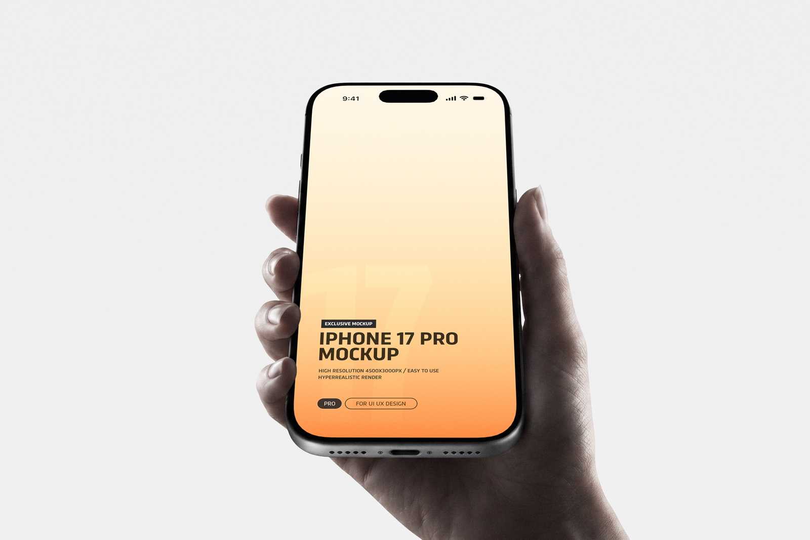 Free Hand Held iPhone 17 Pro Mockup on Minimal Background