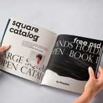 Free Hand Holding Square Open Catalogue Mockup PSD