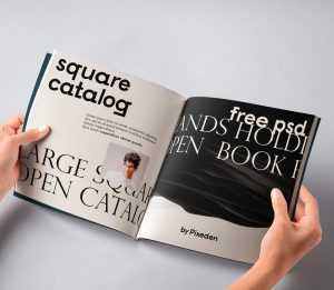 Free Hand Holding Square Open Catalogue Mockup PSD
