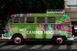 Free Hippie Camper PSD Mockup