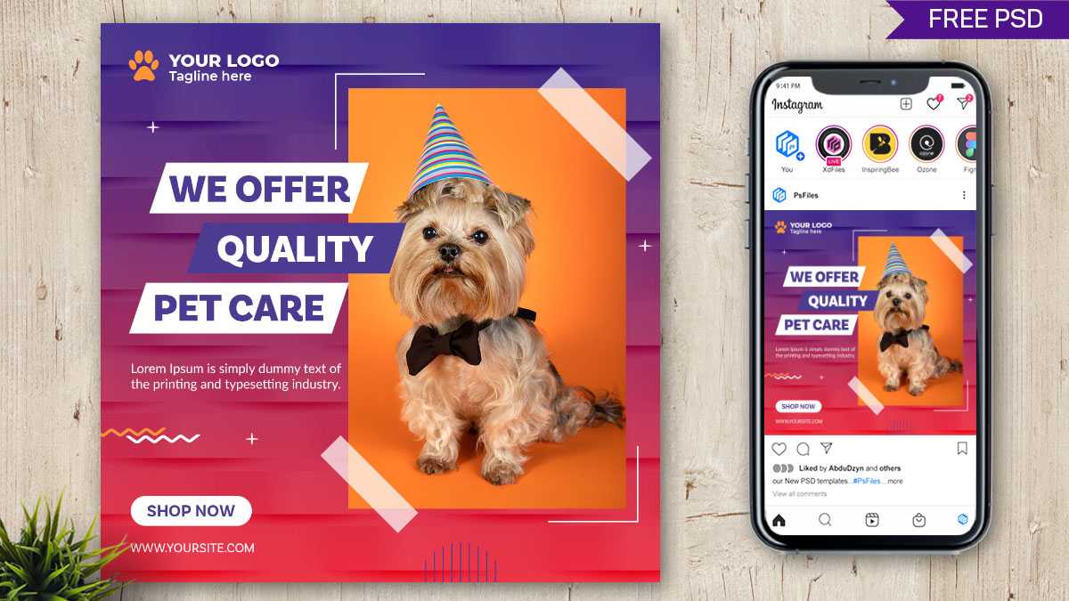 Free Instagram Post Design PSD Template for Pet Care