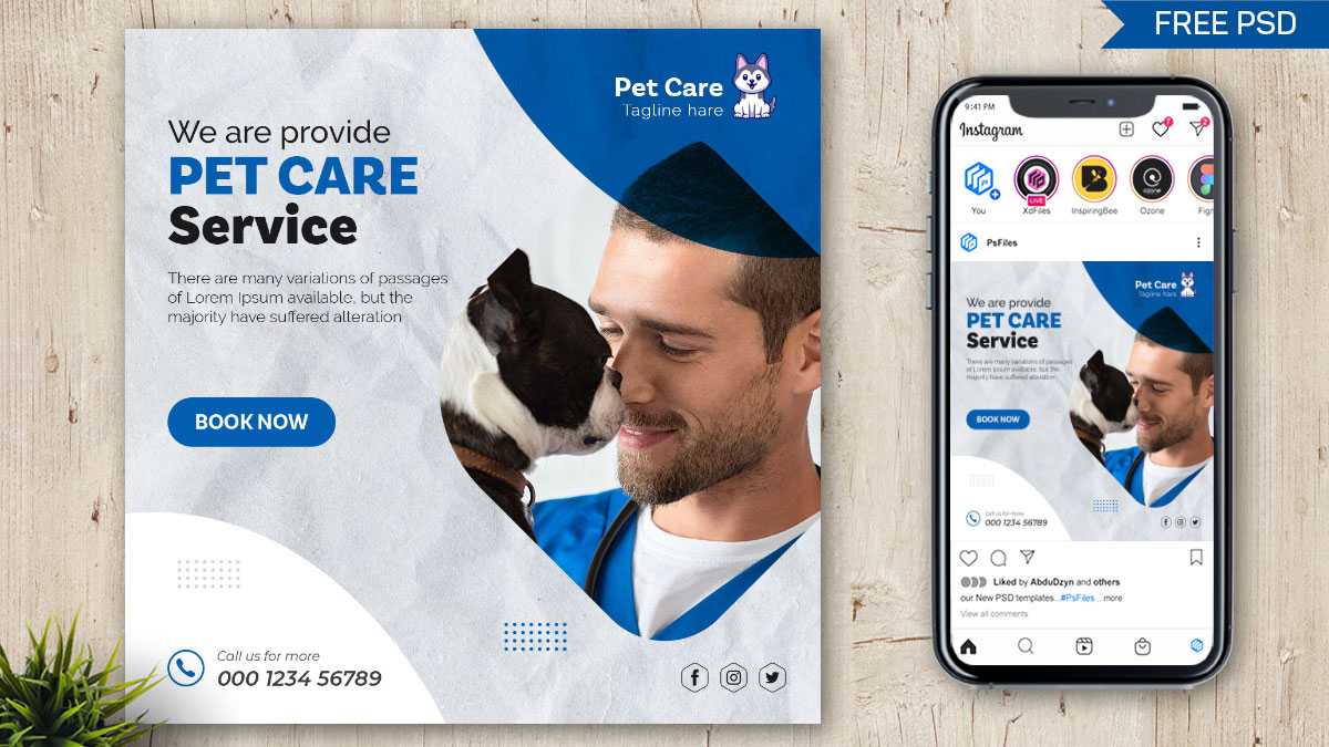 Free Instagram Post Design Template PSD for Pets Care Animal Shop