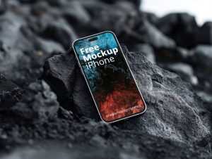 Free iPhone 15 Mockup on Black Rock