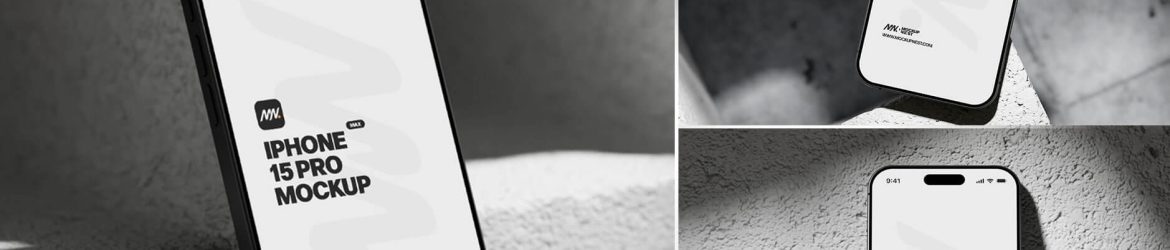 Free iPhone 15 Pro On Concrete Brick Mockup PSD Set