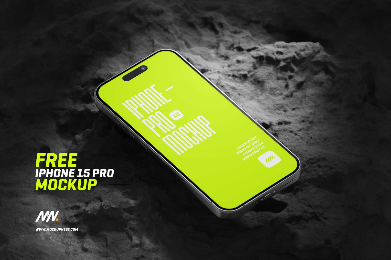 Free iPhone 15 Pro On Rock Mockup