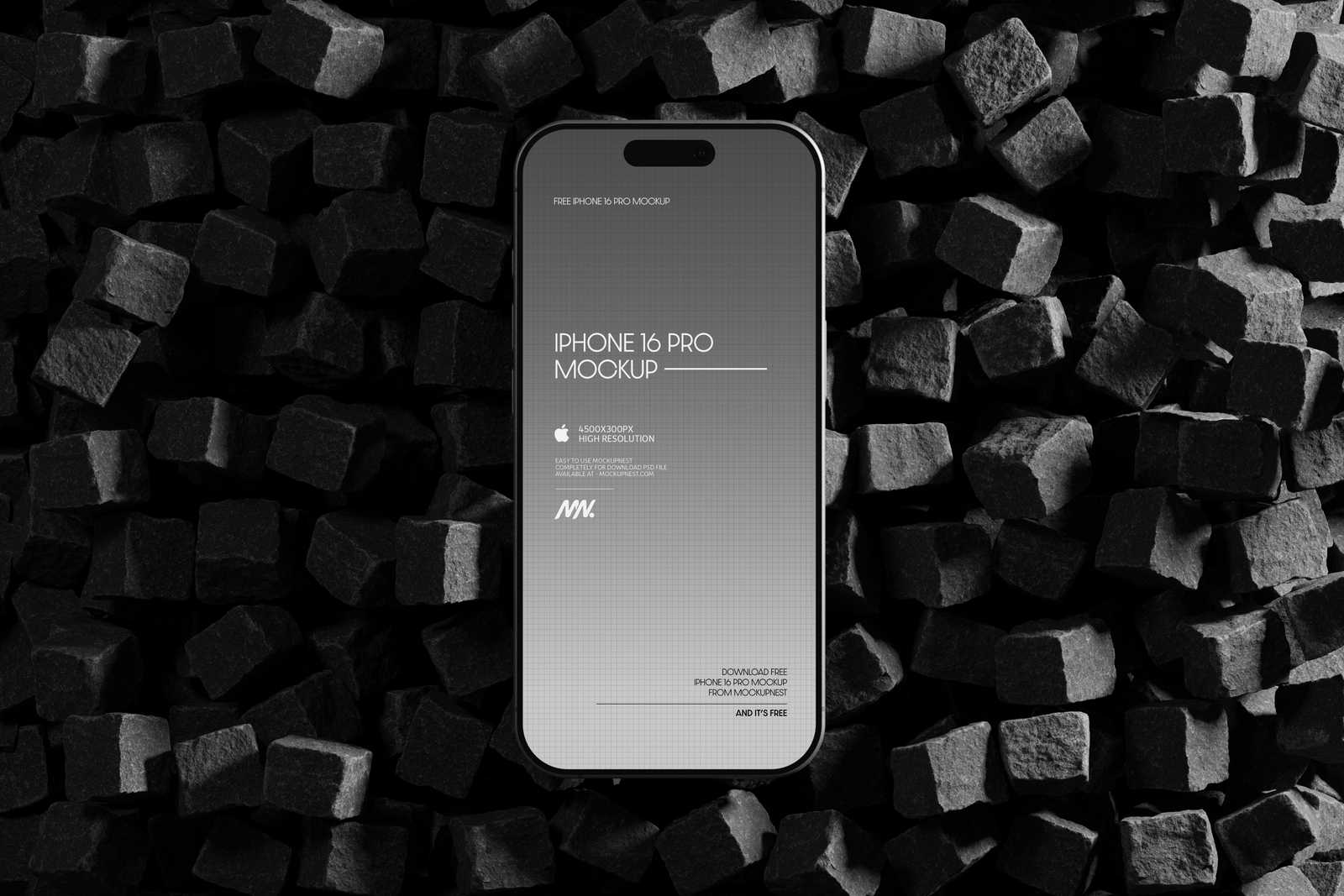 Free iPhone 16 Pro Mockup On Cube Stones