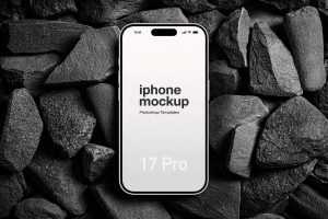 Free iPhone 17 Pro Mockup PSD on Black Rocks Background
