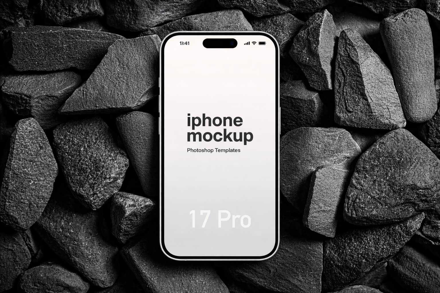 Free iPhone 17 Pro Mockup PSD on Black Rocks Background