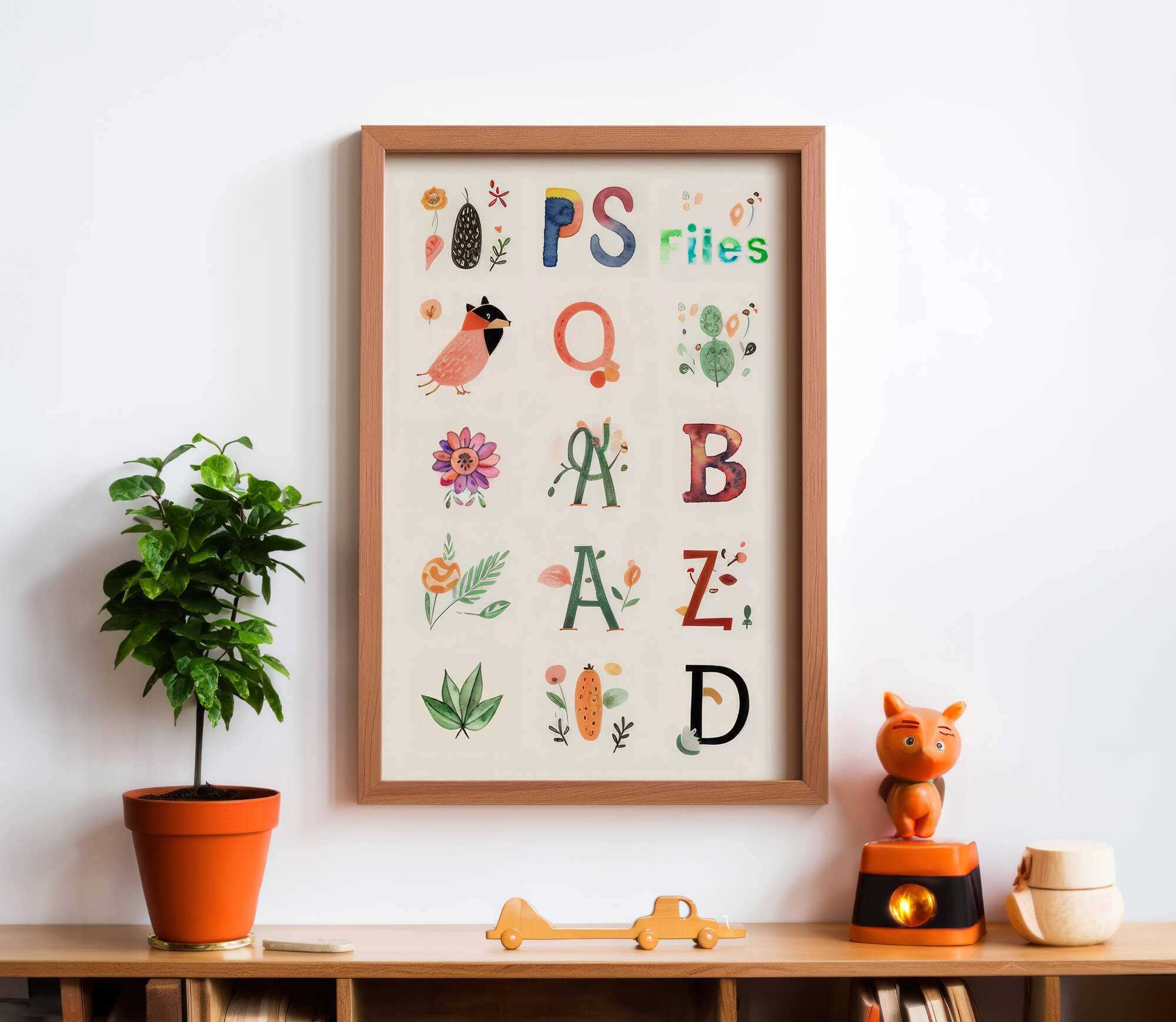 Free Kids Wall Wood Framed Picture, Poster Mockup PSD