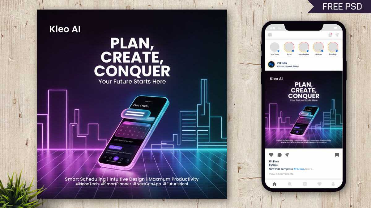 Free Kleo AI Futuristic Planner Post Design PSD – Plan, Create, Conquer Design Template