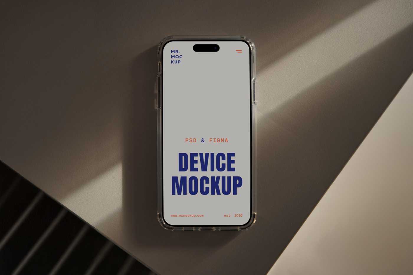 Free Laying iPhone 16 Pro on Table Mockup