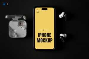 Free Laying iPhone with Accessories Mockup