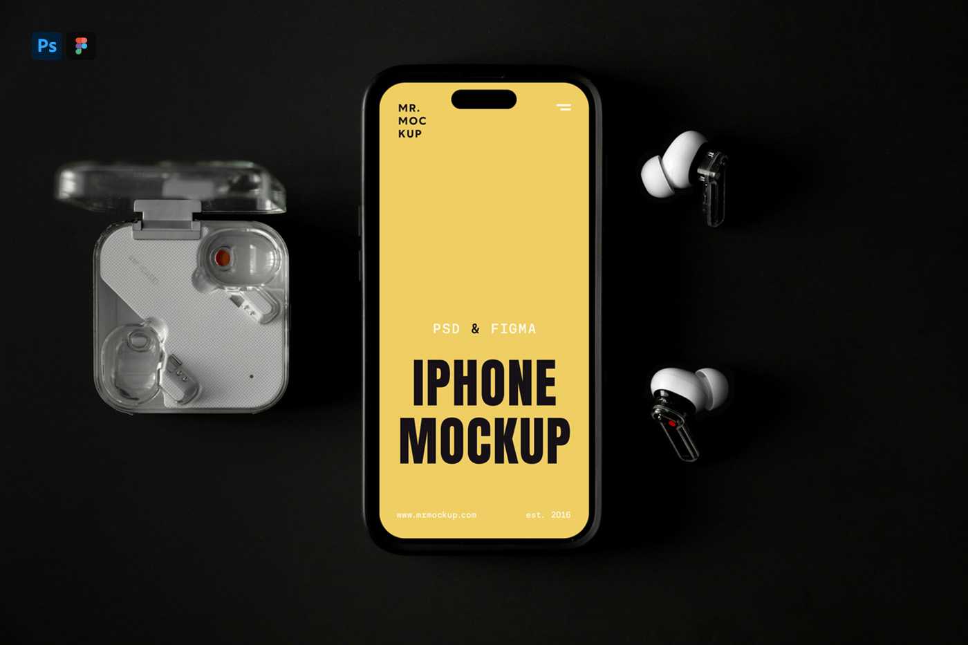 Free Laying iPhone with Accessories Mockup