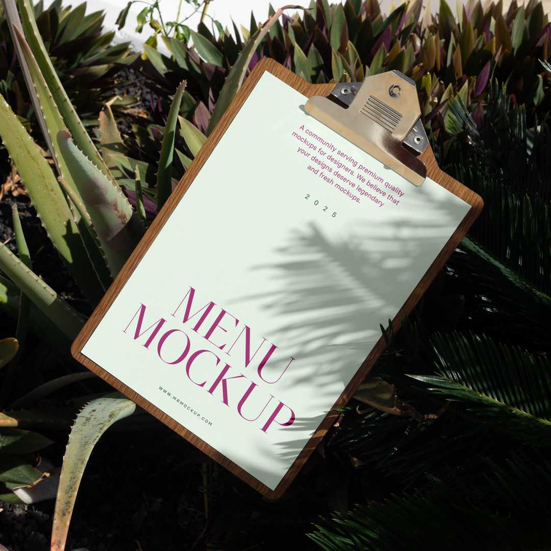 Free Laying Menu Between Flowers Mockup