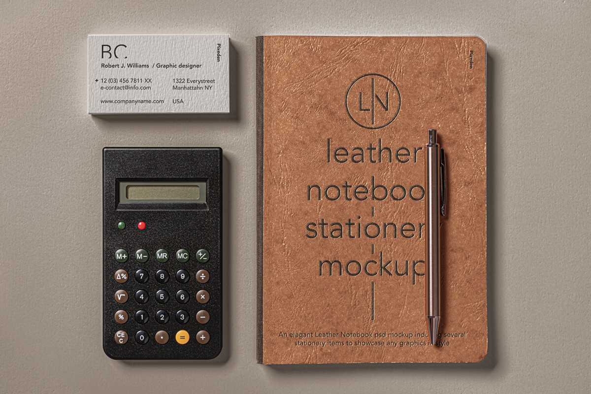 Free Leather Cover Notebook and Card Mockup PSD