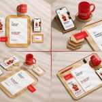 Free Logo Branding Office Stationery Elements Mockups PSD set with Wood Plate