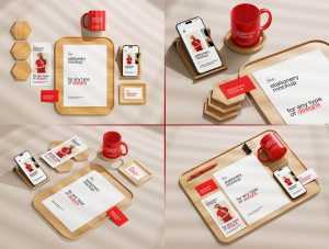 Free Logo Branding Office Stationery Elements Mockups PSD set with Wood Plate