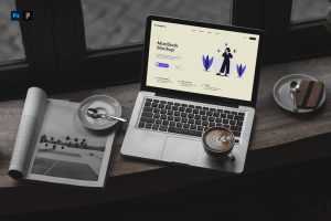 Free MacBook in Cafe Mockup