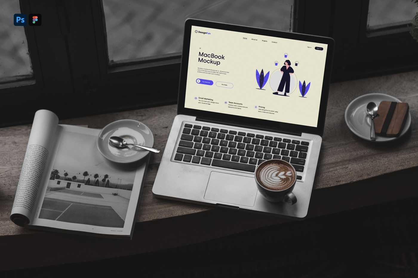 Free MacBook in Cafe Mockup